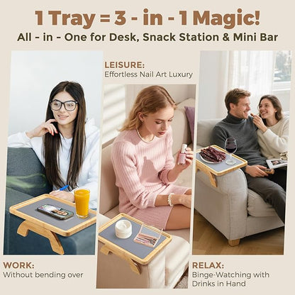 Couch Armrest Table, Foldable Bamboo Sofa Arm Tray for Couch with a Non-Slip Pad, Clip On Couch Arm Table for Remotes/Eatting/Drinks, Fits Sofa Armrest 3.5"-13.5" Natural