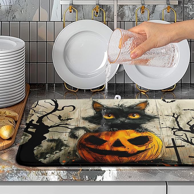 Wnoesat Black Cat Fall Pumpkin Dish Drying Mat 18x24 - Super Absorbent Drying Pads for Kitchen Counter - Happy Halloween Bat Branch Large Microfiber Dishes Drying Mats