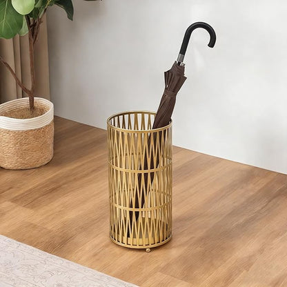 Joveco Umbrella Racks- Gold Metal Round Umbrella Stand Holder with Drip Tray for Home Entryway- Free Standing Holders for Canes Walking sticks and Hiking Poles (Gold Chevron)