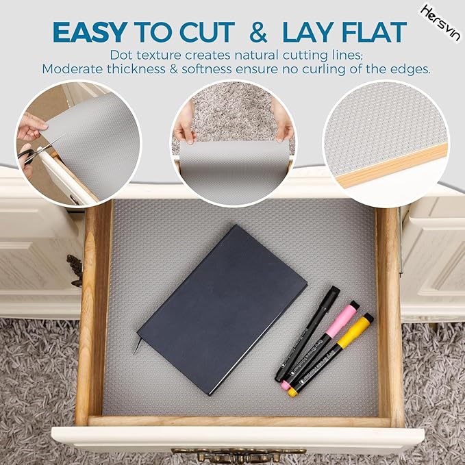Hersvin Shelf Liners, 24in x 20ft Kitchen Drawer Mats, Non-Adhesive EVA Cupboard Protector, Cabinet Lining (Light Gray/Dot)