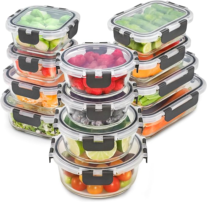 Freshware Glass Storage Containers with Lids, 24 Pieces, Glass Food Storage Containers with Lids, Leak Proof, Freezer Safe