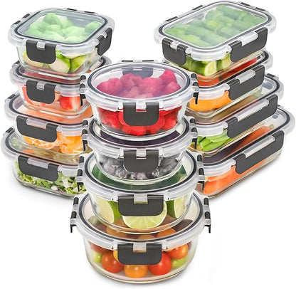 Freshware Glass Storage Containers with Lids, 24 Pieces, Glass Food Storage Containers with Lids, Leak Proof, Freezer Safe