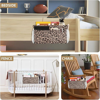 CuwrYet Bedside Caddy Hanging Bunk Bed Caddy Bed Organizer Hanging Pocket with 2 Hooks Bedside Storage Organizer Pocket Bag Holder Leopard Print Brown