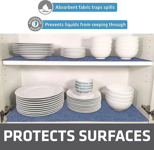 Drymate Premium Luxury Shelf & Drawer Liner, Thick Cushioned Fabric, Non-Adhesive, Absorbent, Waterproof, Slip-Resistant, Liners for Kitchen Cabinets, Cupboards (USA Made)(12”x59”)(2-Pack)(Blue)