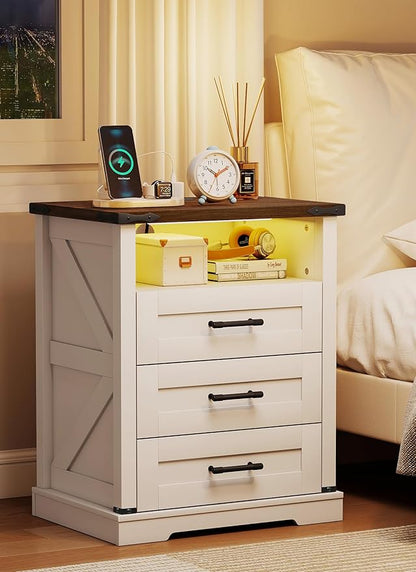 Suuiwau Farmhouse Nightstand with 3 Drawers and Open Storage Shelf, Modern Nightstand with Smart Human Sensor LED Light, Wood Bedside Table with Charging Station for Bedroom, Dorm, Office (White)