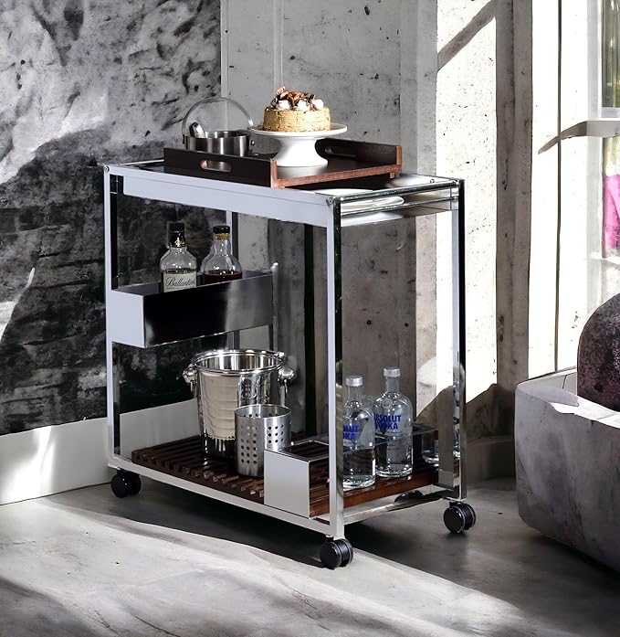 Lisses Chrome Finish Modern Bar Cart with Wood Shelves, Metal Frame, Wine Rack Storage, 30x16x31 Inch, Rolling Wheels, Walnut