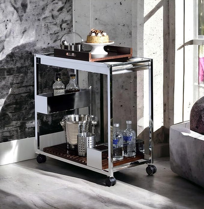 Lisses Chrome Finish Modern Bar Cart with Wood Shelves, Metal Frame, Wine Rack Storage, 30x16x31 Inch, Rolling Wheels, Walnut