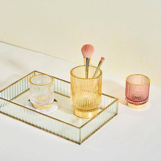 LEICURACE Makeup Brush Holder Organizer,Toothbrush Holders,Desk Pen Pencil Holder,Multifunctional Vintage Glass Brush Cup（S/White/A3-14-US）