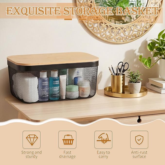 Sawysine 4 Pcs Metal Mesh Steel Basket with Handles and Bamboo Lids 16 x 9.8 '' Stackable Black Wire Basket Pantry Organization and Storage for Cabinets Shelves Kitchen Harvest