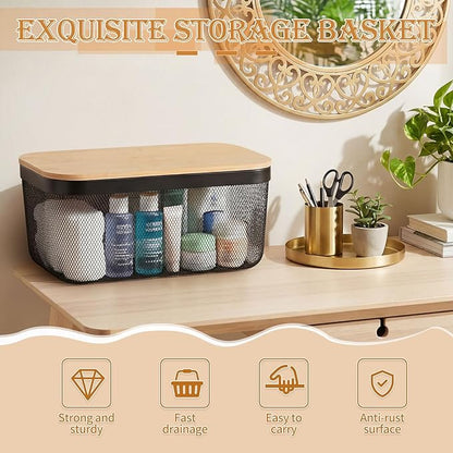 Sawysine 4 Pcs Metal Mesh Steel Basket with Handles and Bamboo Lids 16 x 9.8 '' Stackable Black Wire Basket Pantry Organization and Storage for Cabinets Shelves Kitchen Harvest
