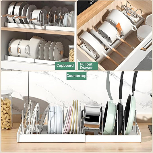 KXSGKRR Pot and Pan Organizer, Expandable Pots and Pans Organizer Under Cabinet, Pot Lid Holder with 10 Adjustable Compartment for Bakeware, Cutting Boards, Lid, Dishes, Cookware (1 Pcs)
