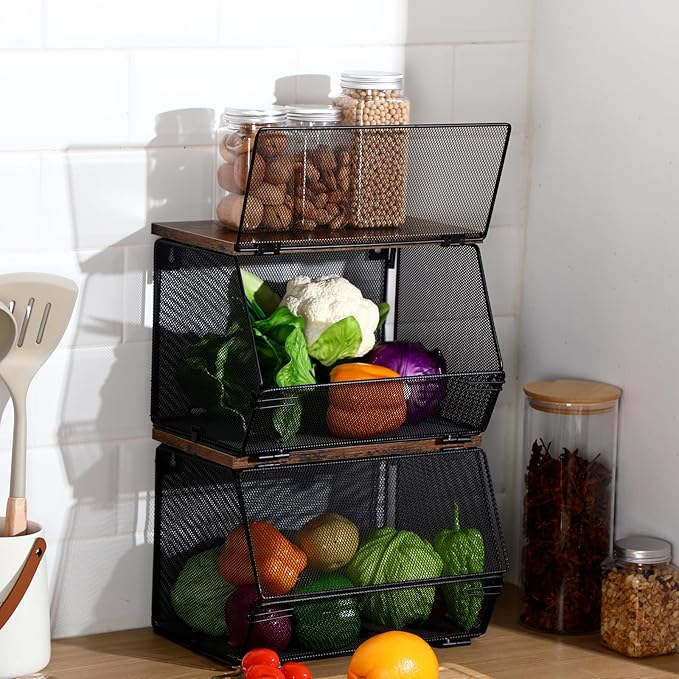 2 Pcs Stackable Mesh Fruit Basket with Lid Wall Produce Vegetable Storage Basket Onion Potato Snack Hanging Metal Wire Container for Kitchen Counter Pantry(Non-removable,Black,7.1"w & 11.8"l)