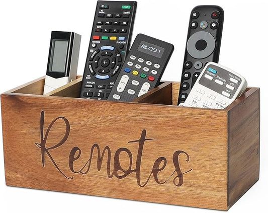 Remote Control Holder Caddy, Acacia Wood TV Remote Holder, Remote Organizer for Table, Vintage Farmhouse Desk Caddy (Brown-for 5+ Remote Controls)