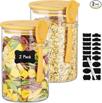 Glass Jars with Bamboo Lids and Spoon - 2 Pack 32 Fl.oz Round Food Storage Containers with Airtight Lid, Includes Labels and Marker, Glass Kitchen Canister for Rice, Flour, Sugar, Cereal, Oats