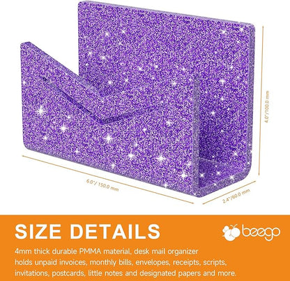 Beego Envelope and Mail Organizer Countertop - Glitter Purple Acrylic Desk Organizer Letter Holder Desktop File Sorter Bill Document Folder Rack for Office, Home, School Desk Organization