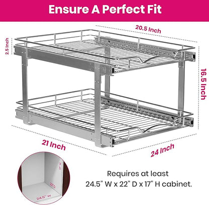 HOLDN’ STORAGE Two Tier Pull Out Cabinet Organizer, Individual Sliding Drawers - Heavy Duty Metal with Lifetime Limited Warranty - Anti Rust Chrome Finish - 24" W x 21”D x 16.5" H