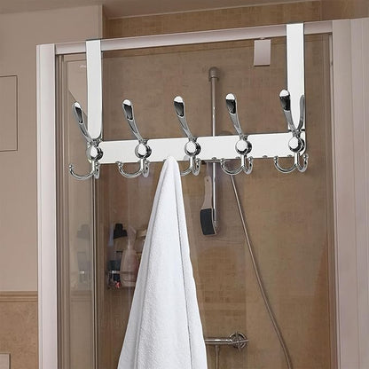 Dseap Over The Door Hook Hanger - Fits 1 3/8" to 1 3/4" Standard Doors | 5 Tri Hooks Heavy Duty Towel/Coat Rack | Door Organizer for Clothes, Jackets, Hats, Towels, Chromed