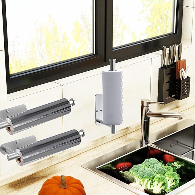 Paper Towel Holder-2pcs Adhesives, Wall-Mounted Paper Towels Roll for Kitchen, Self-Adhesive Under Cabinet Kitchen roll Holder, Both Available in Adhesive and Screws, Stainless Steel for Bathroom RV
