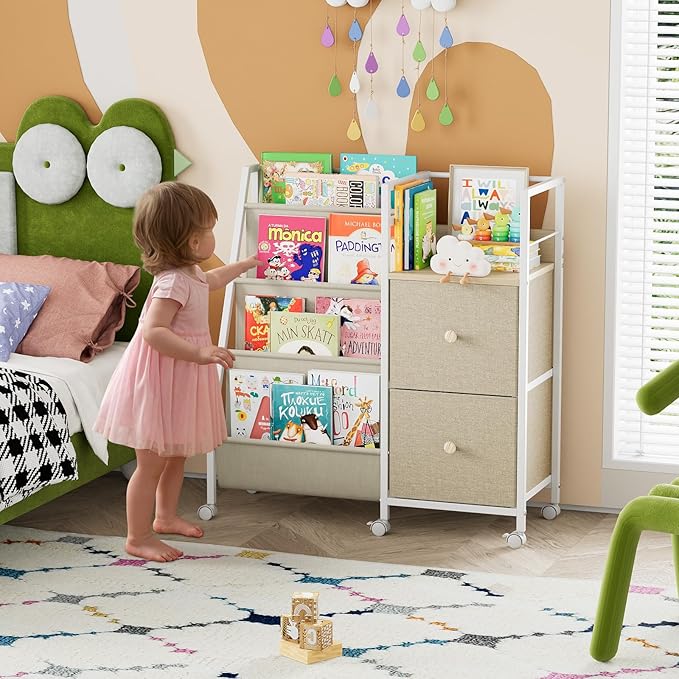Book Shelf for Kids Rooms, Toddler Bookshelf Baby Bookcase with Kids Storage for Nursery, Bedroom, Playroom, Easy Assembly (Off White)