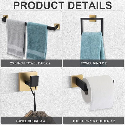 Gisafai 10 Pcs Black Gold Bathroom Hardware Accessories Set 23.6 Inch Bath Towel Bar Kit Stainless Steel Bathroom Hardware Set Towel Racks Ring Robe Hooks Paper Holder for Wall Mounted