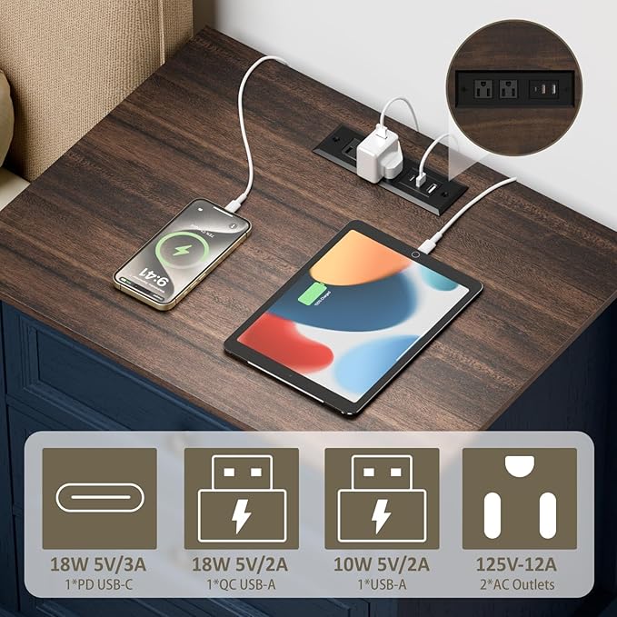 Nightstand with Charging Station, 24” Wide End Table with 3 Drawers, Modern Bedside Table with Storage, Wood Small Dresser for Bedroom Room (Blue)