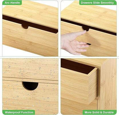 Wisuce Desk Organizer with Drawers - Bamboo Desktop Organizer Storage Natural Wood Desk Drawers Organizer for Bills, Office Supplies, Cosmetics, Seals No Assembly Required 3 Drawers（left-right)