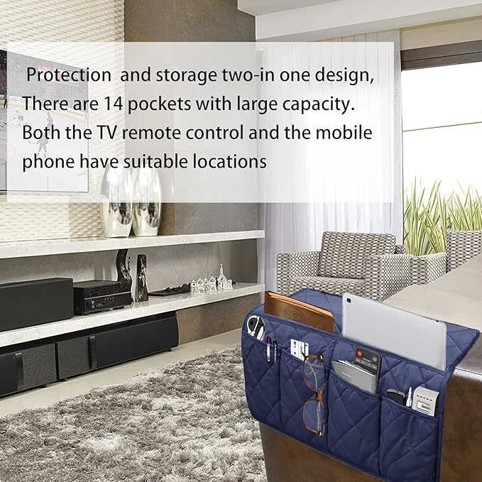 Benuomi Sofa Armrest Organizer with 14 Pockets, Waterproof, Non-Slip, Space-Saving, Fits Most Couches & Recliners, Black