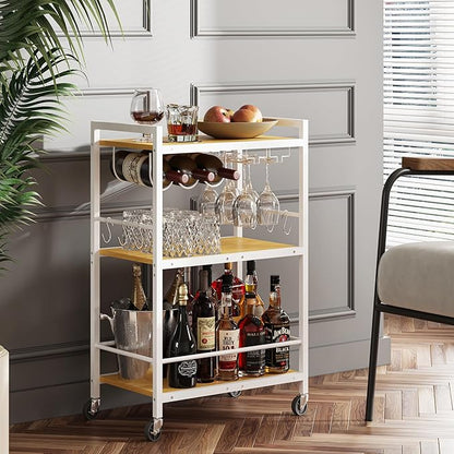 TUTOTAK Bar Cart, Serving Cart for Home, Microwave Cart, Drink Cart, Mobile Kitchen Shelf with Wine Rack and Glass Holder, Rolling Beverage Cart BC01BOW030