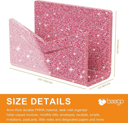 Beego Envelope and Mail Organizer Countertop - Glitter Pink Acrylic Desk Organizer Letter Holder Desktop File Sorter Bill Document Folder Rack for Office, Home, School Desk Organization