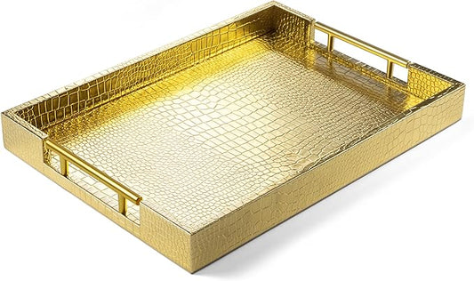 17" x 12" Wood Serving Tray with Gold Polished Metal Handles, Home Decorative Wooden Rectangle Ottoman Leather Decor Platter Bathroom Vanity Tray for All Occasions Alligator Gold