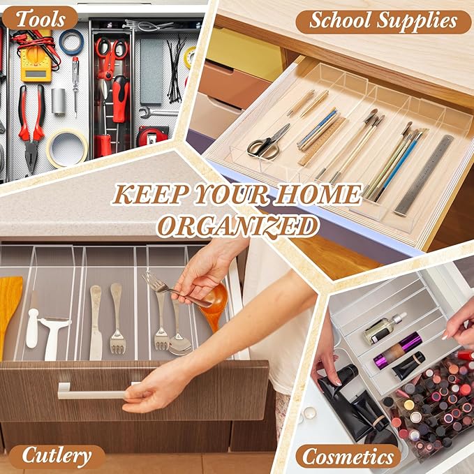 2 Packs Expandable Kitchen Drawer Organizer Clear Acrylic Utensil Organizer Adjustable Acrylic Silverware Storage for Drawers Silverware Flatware Knives (12 x 16 Inches,3-5 Compartments)