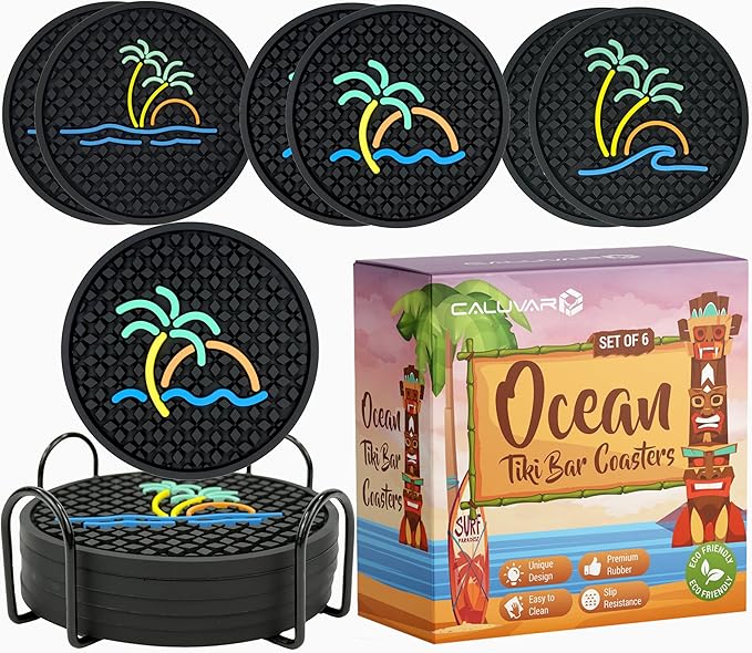Tiki Bar Ocean Beach Coasters Set of 6 with Holder, Tiki Bar Decor Silicone Nautical Coasters, Hawaiian and Luau Decorations, Beach Theme Coastal Decor, Tropical Chill and Surf Waves Styles