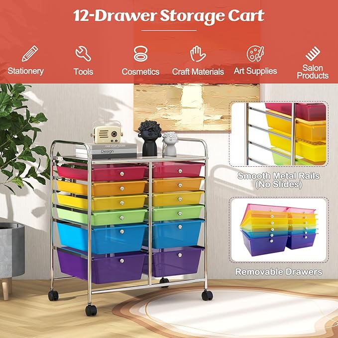 ARLIME 12-Drawer Rolling Storage Cart, 12 Drawer Organizer Trolley, Scrapbook Paper Organizer, Suitable for Office and School, Rolling Office Storage Tools