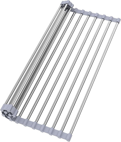 TYZUIAW Roll Up Dish Drying Rack for Over Sink -17.5"x11.8" Foldable Stainless Steel Kitchen Drainer，Gray