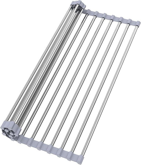 TYZUIAW Roll Up Dish Drying Rack for Over Sink -17.5"x11.8" Foldable Stainless Steel Kitchen Drainer，Gray