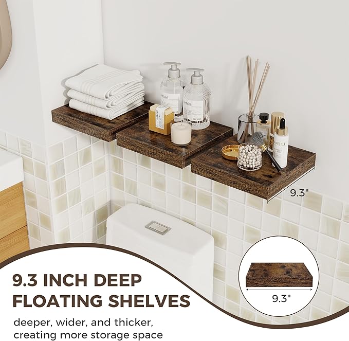 Fun Memories Square Floating Shelves for Wall, 9.3" W x 9.3" D x 1.4" H, Shelves for Wall with Invisible Brackets, Small Wood Storage Shelves for Kitchen, Living Room, Bedroom, Set of 3(Rustic Brown)