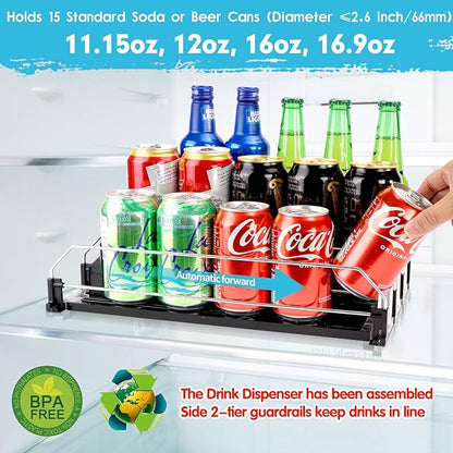 BingoHive Drink Dispenser for Refrigerator, Self-Pushing Soda Can Organizer for Fridge, 3 Rows has been Assembled, Automatic Can Organizer with Spring Loaded for Refrigerator Holds 15 cans, Black