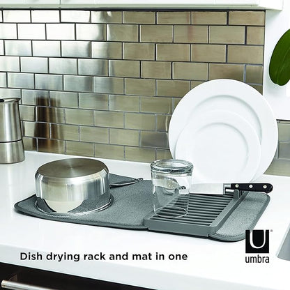 Umbra UDRY Rack and Microfiber Dish Drying Mat-Space-Saving Lightweight Design Folds Up for Easy Storage, Mini, Charcoal