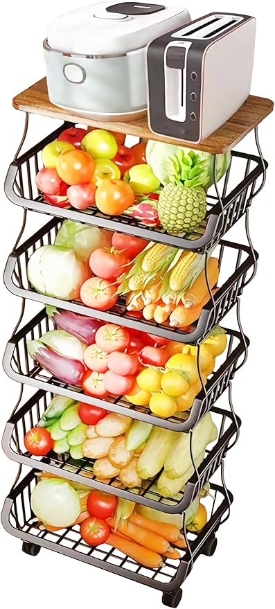 MURRI&MURRDI Fruit Vegetable Storage Basket with Wooden Lid, 6 Tier Stackable Wire Kitchen Cart with Wheels, Tall Produce Snack Racks Display, Narrow Rolling Cart for Pantry Onion Potato, Black