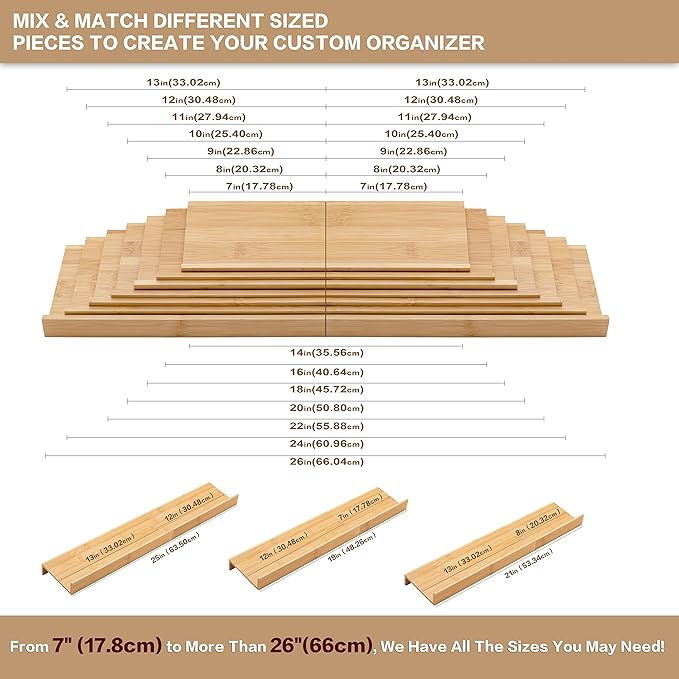 Angimio Bamboo Spice Rack Drawer Organizer - 8 Pieces Set- 10" Wide Per Piece - Combine Pieces Into 20" Wide Rack (10" or 20")