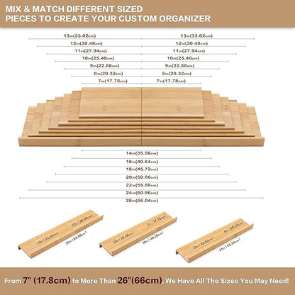 Angimio Bamboo Spice Rack Drawer Organizer - 8 Pieces Set- 10" Wide Per Piece - Combine Pieces Into 20" Wide Rack (10" or 20")