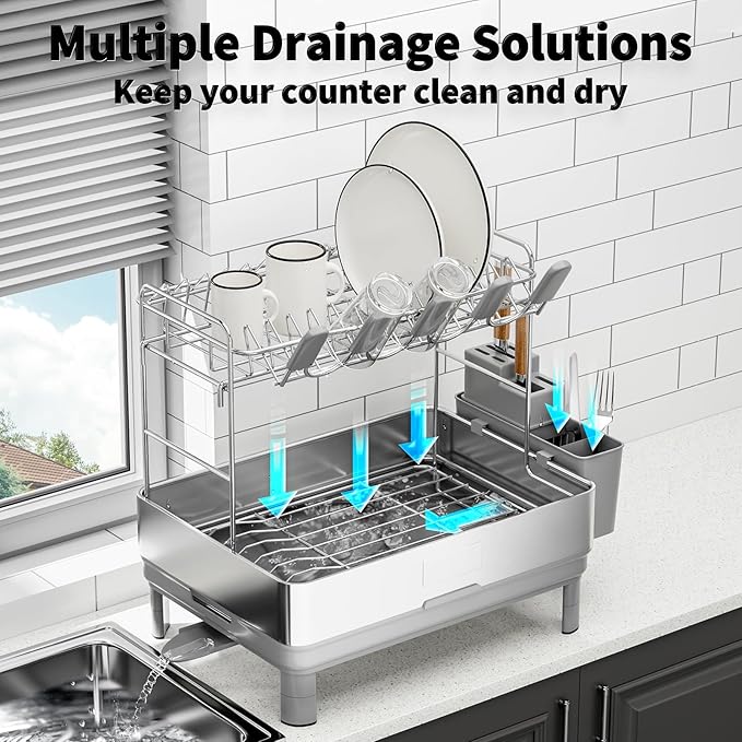 Ewaiira Dish Drying Rack, 2 Tier Large Dish Rack, Stainless Steel Dish Drainer for Kitchen Counter, Dishes Rack with Automatic Drainage, Utensil Holder&Cups Holder,Space Saving Kitchen Organizer,Gray