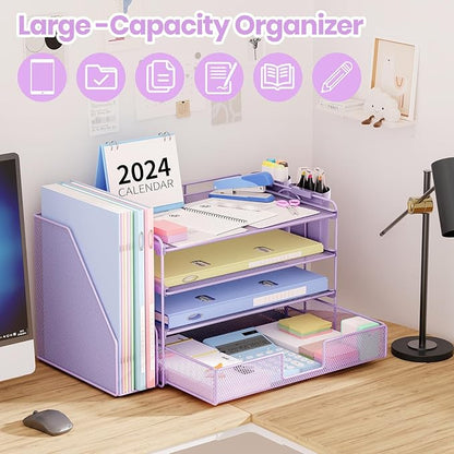 OPNICE Desk Organizer, 4-Tier Desktop File Organizer with Drawer and 2 Pen Holders, Office Desk Accessories, File Sorters, Workspace Organizers for Office Supplies(Purple)