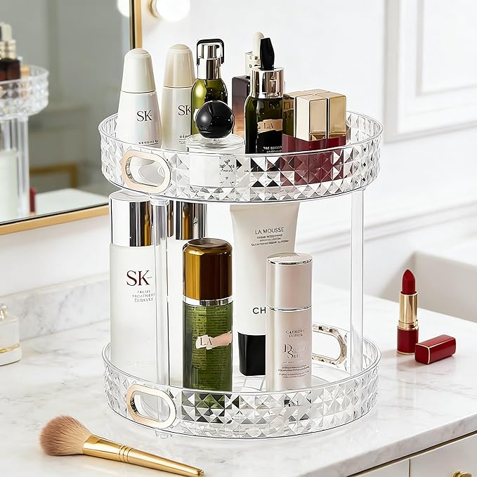 HsaExtriva 360 Rotating Makeup Organizer for Vanity, 2 Tier Diamond Patterned Perfume Organizer for Women, Large Capacity Skincare Lotion Cosmetic Storage Dresser Bathroom Countertop Lazy Susan, Clear