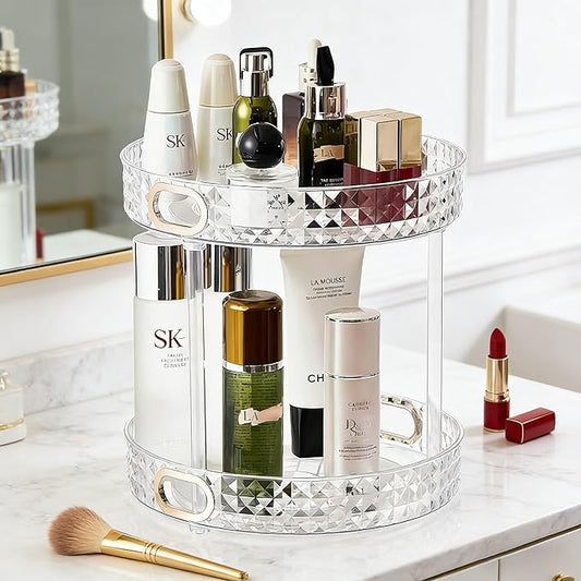 HsaExtriva 360 Rotating Makeup Organizer for Vanity, 2 Tier Diamond Patterned Perfume Organizer for Women, Large Capacity Skincare Lotion Cosmetic Storage Dresser Bathroom Countertop Lazy Susan, Clear
