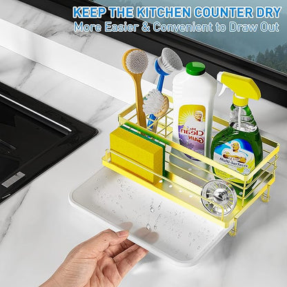 Cisily Kitchen Sink Caddy, Gold, Unisex, 5.3 in Wide, 9.49 in Long, 4 Storage Spaces, Stain-Resistant Tray, Anti-Rust, Easy to Clean