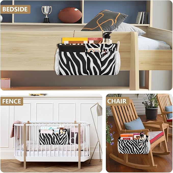 CuwrYet Bedside Caddy Hanging Bunk Bed Caddy Bed Organizer Hanging Pocket with 2 Hooks Bedside Storage Organizer Pocket Bag Holder White Black Zebra Print
