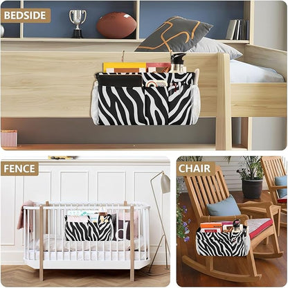 CuwrYet Bedside Caddy Hanging Bunk Bed Caddy Bed Organizer Hanging Pocket with 2 Hooks Bedside Storage Organizer Pocket Bag Holder White Black Zebra Print
