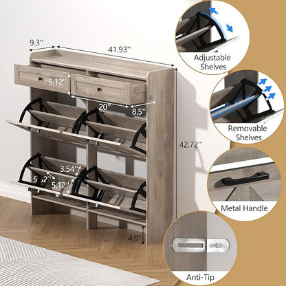 Shoe Cabinet with 4 Flip Drawers & 2 Storage Drawers, Rustic Farmhouse Narrow Shoe Organizer Cabinet, Slim Shoe Rack Cabinet, Shoe Storage Cabinet for Entryway, Hallway, Front Door
