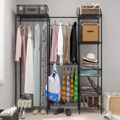 Xiofio 6 Tiers Heavy Duty Garment Rack,Metal Clothing Rack,Clothing Storage Rack,Closet Organizer System Freestanding & Adjustable Wardrobe 60.7" L x 15.7" W x 70.5" H Max Load 720LBS Black